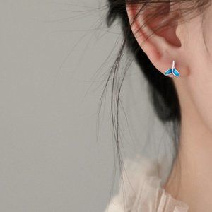 925 Sterling Mermaid Tail Cute Blue Stud Earrings